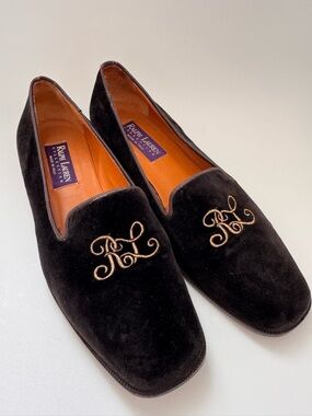 Ralph Lauren Purple Label Dark Brown Velvet Monogram Loafers Women’s size 7.5